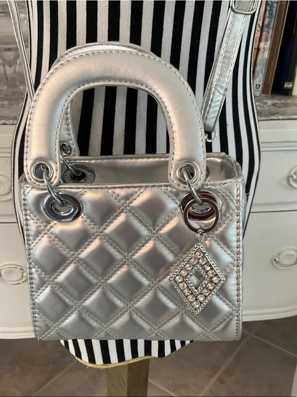 Silver Quilted Mini Tote with Vintage Rhinestone Pendant